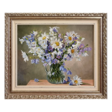 Картина маслом колокольчики и ромашки в вазе