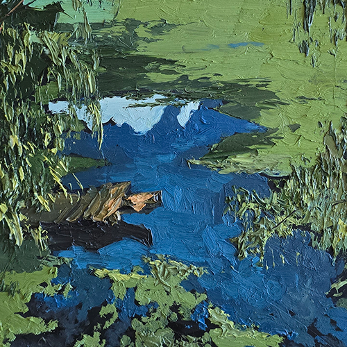 Картина «Мостик у заросшего пруда», Головченко А., картон, масло