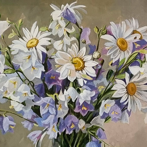 Картина маслом «Колокольчики с ромашками» в итальянском багете, Вавейкина С.